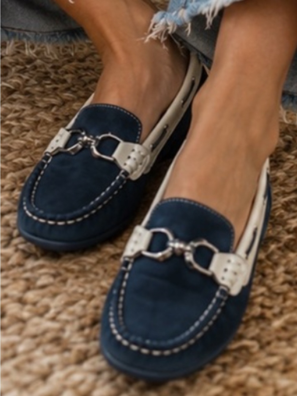 Rouge Helium Navy and Cream Chain-Trim Loafers with Horsebit Accent size 10